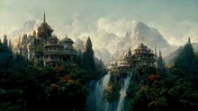 Sprawling Open Elvish Palace In The Middle Of Forest Surrounded By Snowy Mountains, Autumn Trees, Waterfalls, Flower Gardens, Blue Sky, Daytime, 3D Rendering.