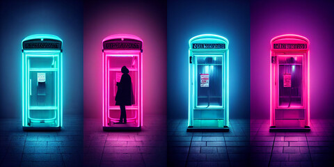 Wall Mural - Neon light london phone booth, background with lights, collection