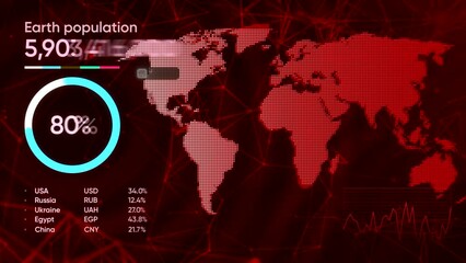 Aufkleber - Technological world map with statistics. Motion. 3D graphic map of world and numerical values. Population of earth on world map with numbers