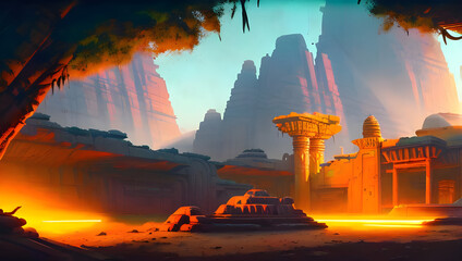 Wall Mural - ancient science fiction temple ruins on an alien planet in the desert with palm trees and neon light