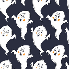 Wall Mural - Seamless halloween pattern with funny ghost on dark background. Сute hand drawn ghost. For scrapbook digital paper, textile print, page fill. Vector illustration