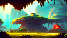 Ancient Science Fiction Temple Ruins On A Tropical Alien Planet In The Jungle With Palm Trees And Neon Lights - Painted Illustration - Concept Art - Background - Fantasy Art