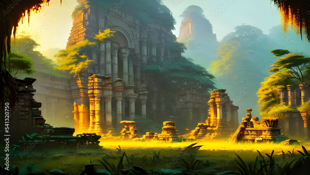 ancient temple ruins in the jungle - painted illustration - concept art ...