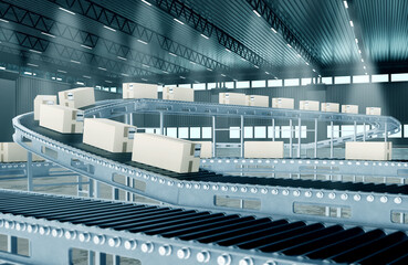 Poster - Postal warehouse. Boxes from postal service ride on conveyor. Automated processing of postal orders. Parcels inside automated warehouse. Conveyor with parcels in modern warehouse building. 3d image.