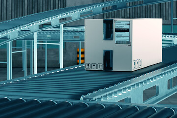 Poster - FBS box. Fulfillment automation. Cardboard box with FBS sticker. Fulfillment technology. Automated order processing technologies. Box on warehouse conveyor. Fulfillment by seller. 3d rendering.