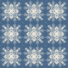 Sticker - Farmhouse blue snow flake pattern background. Frosty batik damask french effect seamless backdrop. Festive cold holiday season wall paper tile. 