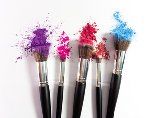 Wall Mural - Creative concept beauty fashion photo of cosmetic product make up brushes kit with eyeshadows on white background.