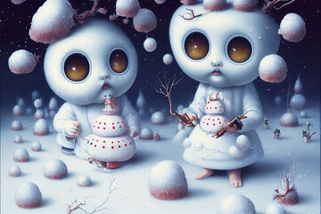 Two white strange dolls with big eyes and snow 