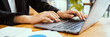 Woman hands typing on computer keyboard closeup banner, businesswoman or student girl using laptop at home, online learning, internet marketing, working from home, office workplace freelance concept