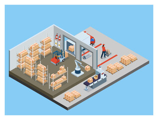 Wall Mural - 3D isometric Warehouse Logistic concept with Workers loading products on the trucks, Transportation operation service, Export, Import, forklift, pallets, cardboard boxes. Vector illustration EPS 10