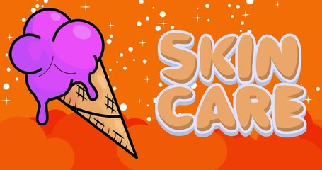 Poster - Ice Cream with Skin Care text. Colorful animated dancing summer sweet food cartoon. 4k resolution animation, moving image.