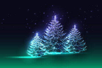 Wall Mural - Northern lights Christmas greeting card with Glowing spruce tree forest, futuristic polygonal style 