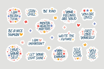 Wall Mural - Mental health stickers flat vector illustration set. Collection self care and love inspirational quotes. Positive motivation saying for daily planner, scrapbook, diary, calendar, organizer.