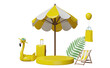 yellow cylinder stage podium empty with suitcase,beach chair,Inflatable flamingo,palm,shopping paper bags isolated. online shopping summer sale concept, 3d illustration or 3d render