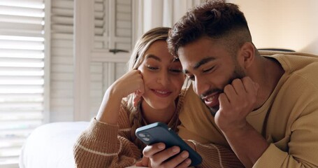 Sticker - Relax, phone and couple in bed for social media, web and browsing in their home together, happy and smile. Love, planning and internet booking with interracial man and woman discuss plans in bedroom