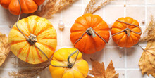 Ripe Pumpkins And Autumn Leaves On Light Background, Top View