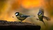 Dokarmianie ptaków na zimę - sikorki jedzące ziarna słonecznika w karmniku 