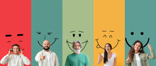 Collage Of Happy People And Drawn Smiles On Color Background