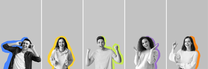 collage of happy young people on grey background