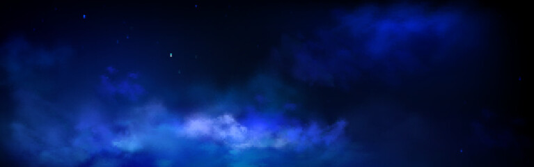 night cloudy sky with stars, dark starry heaven with moonlight reflecting on clouds. midnight dusk p