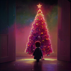 boy standing in front of christmas tree