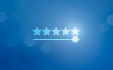 Five stars rating concept. Client satisfaction, luxury service evaluation. 5 stars on blue background, assignment of new rating, service rating, new level, business concept.