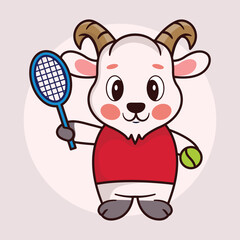 Wall Mural - Cute baby goat cartoon tennis