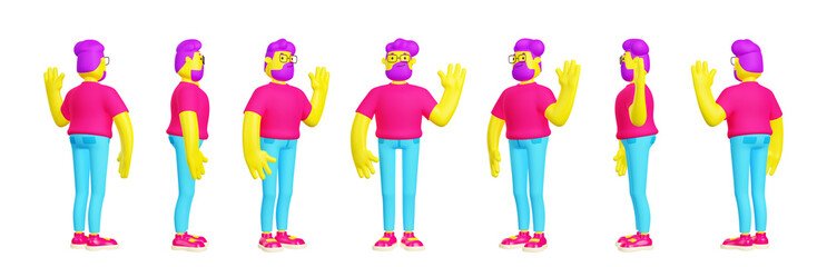 3d render, male character model sprite sheet turnaround animation, Young contemporary man with purple hair wear jeans and t-shirt waving hand full height side, rear and front view Cartoon illustration