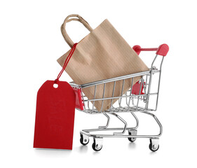 Shopping cart with paper bag and tag on white background. Black Friday sale