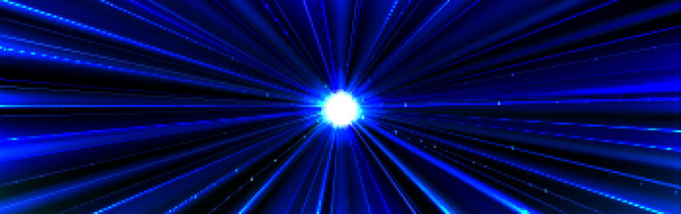 Poster - straight blue trails in tunnel with bright light at end, realistic vector illustration. high speed f