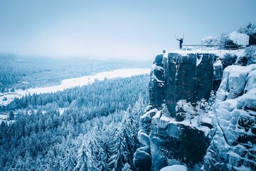 Wall Mural - Scene of the hiker reached the top of the cliff with the snowy pine forest view below