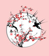 Swallows and cherry blossom branch in a round frame. Text - 