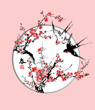 Swallows And Cherry Blossom Branch In A Round Frame. Text - "Spring", "Perception Of Beauty". Vector Design. Illustration In Oriental Style.