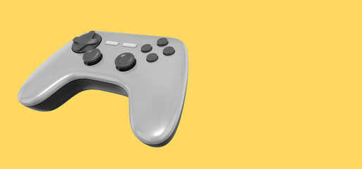 Poster - Realistic console game controller. Gray icon on yellow background with space for text. 3D rendering.