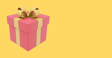 Poster - Realistic red gift box with yellow ribbon. 3D rendering. Icon on yellow background, text space.