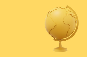 Globe Earth on a stand. Minimalist cartoon. Yellow icon on yellow background with space for text. 3D rendering.