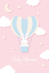 Poster - vector background with a rabbit in a hot-air balloon in the sky for banners, baby shower cards, flyers, social media wallpapers, etc.