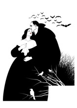 Man With Cape Tenderly Kissing A Lady On The Forehead. Lady With Fang Wounds And On Her Neck. Bats Flying. Silhouette Of Dry Branches And Ravens On Them. Black Ink On White Background.
