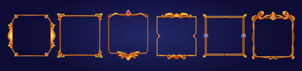 Poster - set of square ui game frames, textured medieval borders of gold metal with gems. cartoon empty metal