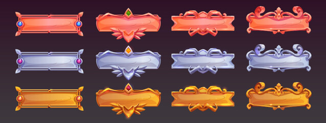 Poster - Game ui frames, gold silver copper medieval menu element, buttons or banners with ornate rims. Empty royal gui bars for rpg, arcade, glossy borders, web design interface Cartoon 2d vector illustration