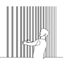 Man Stands Behind The Bars Clutching Her And Screaming - One Line Drawing Vector. The Concept Of Bonded, Torment In A Prison Cell, A Convict Locked In A Cell