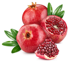 Pomegranate fruit with leaf isolate. Pomegranate whole, half, slice, leaves on white. Pomegranate clipping path.