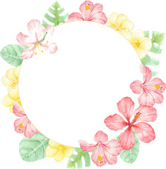 Wall Mural - watercolor red summer tropical flower hibiscus and plumeria wreath frame