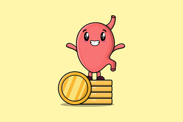 Wall Mural - Cute cartoon Stomach character standing in stacked gold coin vector illustration in flat cartoon 