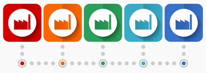 Fototapete - Factory vector icons, infographic template, set of flat design symbols in 5 color options
