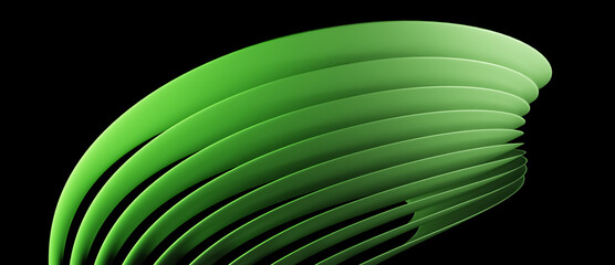 Green abstract modern 3D object with many overlapping layers and flowing curves, lines or shapes on black background