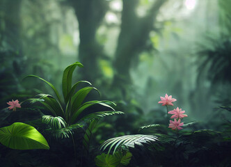 Jungle scenery with beautiful trees and plants, natural green environment with amazing nature