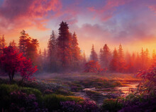 Colorful Sunset Forest Scenery With Beautiful Trees And Plants, Natural Green Environment With Amazing Nature