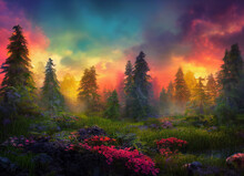 Colorful Sunset Forest Scenery With Beautiful Trees And Plants, Natural Green Environment With Amazing Nature
