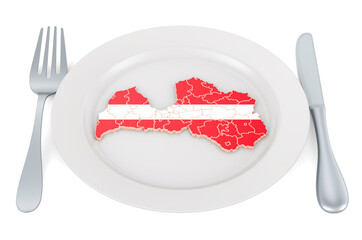 Poster - Latvian cuisine concept. Plate with map of Latvia. 3D rendering
